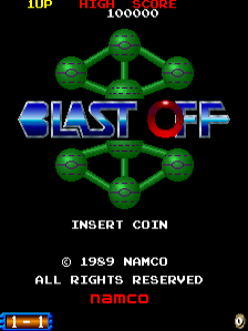 The title screen displays the words 'BLAST OFF' in large blue and red stylized lettering centered on a black background. Above and below the title are symmetrical geometric patterns made of bright green spheres connected by lines, forming diamond-like shapes. At the top left, score information and 'HI SCORE' text appear in yellow. Below the title design, white text reads 'INSERT COIN'. The bottom of the screen shows copyright information reading '© 1989 NAMCO ALL RIGHTS RESERVED' with a small Namco logo at the bottom right. The graphics use the pixel art style typical of late-1980s arcade games.