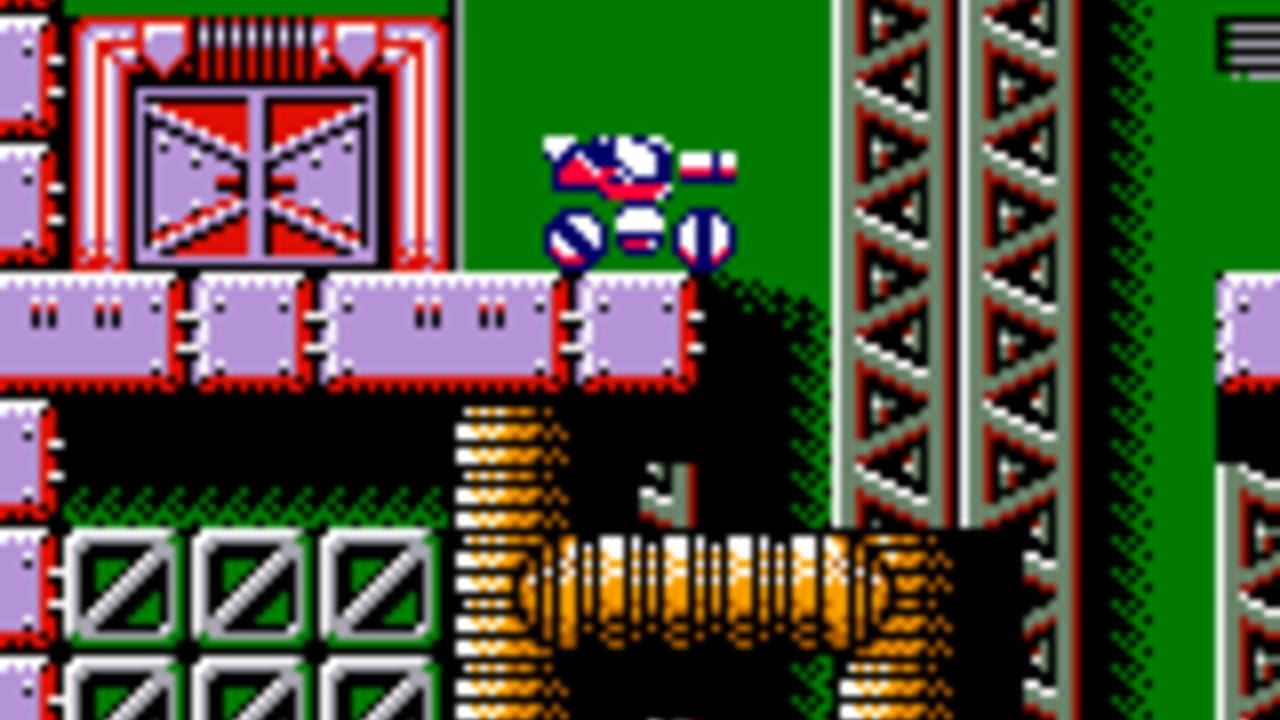 A Game Boy-style platformer level displays a character sprite in the center of a bright green background, positioned above an orange-and-yellow striped bridge or platform structure. To the left, a red and purple architectural structure with symmetrical doors occupies the upper portion. Below the character, inventory or puzzle tiles showing diagonal line patterns are visible in a grid formation. The right side shows red diagonal lattice patterns against green, suggesting environmental detail. Black areas frame the playable space, typical of Game Boy's display limitations.