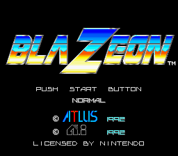 The BlaZeon title logo appears at the top in large blue and yellow letters with a lightning bolt accent. Below are menu options reading PUSH START BUTTON and NORMAL, followed by two circular icons labeled ATLUS and another option marked RARE. At the bottom, white text states LICENSED BY NINTENDO. The background is solid black, with the logo rendered in bright cyan and golden yellow colors typical of early 1990s SNES graphics.