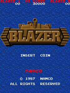 The title screen displays a large golden 'BLAZER' logo centered on a blue pixelated background. Score indicators appear in the top corners showing 30000 and 00. Below the logo sits text reading 'INSERT COIN' in white letters. At the bottom, copyright information reads '© 1987 NAMCO ALL RIGHTS RESERVED' in red text. The overall composition uses a standard arcade cabinet title screen layout with horizontal symmetry.