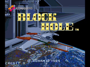 The title screen displays "BLOCK HOLE" in large yellow pixelated letters across the center. Below the title, a spacecraft with an orange nose cone hovers above a blue planetary surface dotted with craters. In the top-left corner, a small character sprite in orange and blue stands on a platform. The bottom of the screen shows "CREDIT 0" on the left and "KONAMI 1989" on the right in white text. The background features a dark starfield with geometric architectural structures in gray and blue tones.