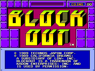 The title screen displays "BLOCK OUT" in large yellow pixelated letters against a magenta background, with a purple brick border frame surrounding the text. A coin counter reading "COINS 00" appears in the top-right corner. Below the title, a blue information panel contains copyright text crediting Technos Japan Corp. and California Dreams from 1989, along with trademark and usage information in white text on a dark blue background.