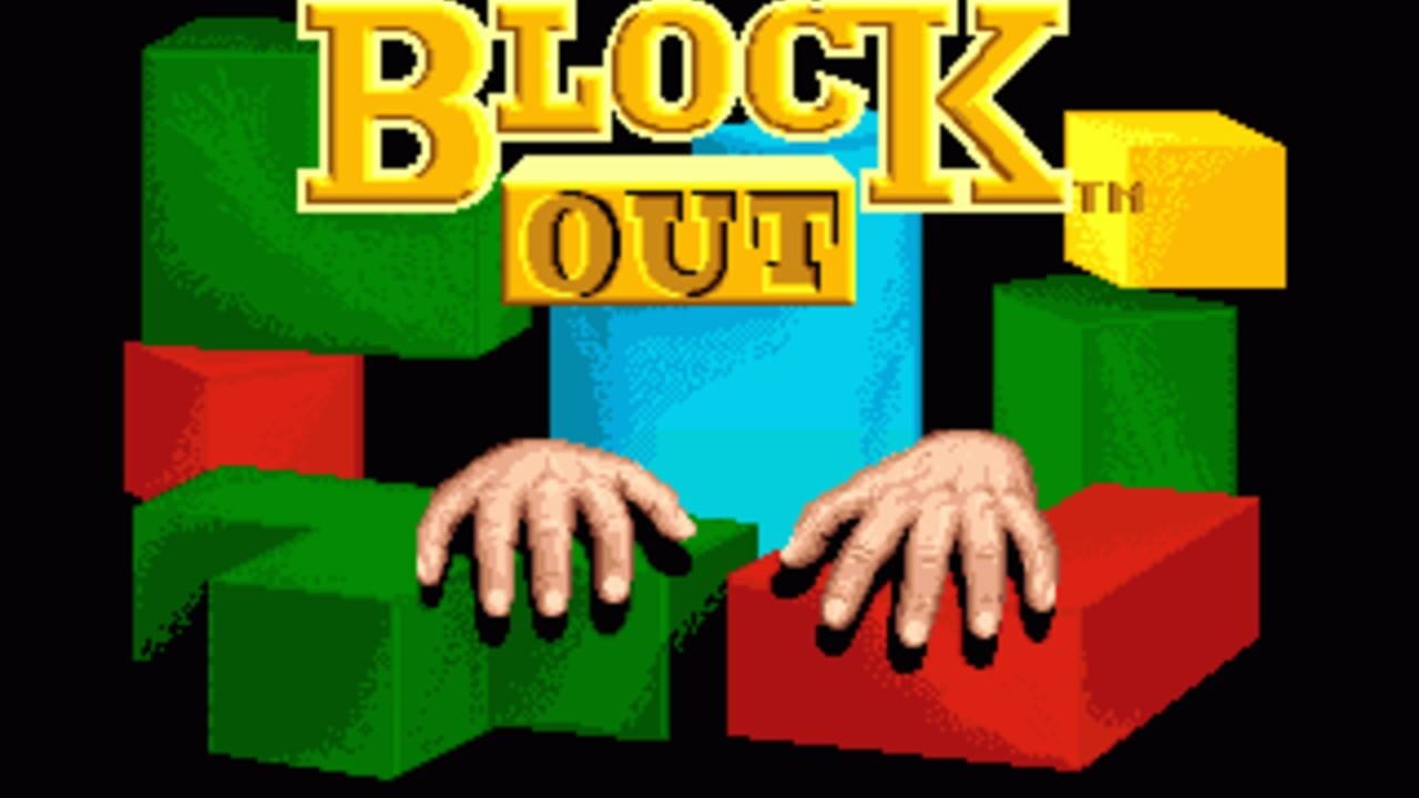 The title screen displays 'BLOCK OUT' in large yellow letters with a blue underline, positioned above an isometric 3D structure made of colored cubes in green, red, and yellow. Two pixelated hands with visible fingers emerge from behind red and green blocks in the foreground, gripping or manipulating the geometric puzzle structure against a black background.