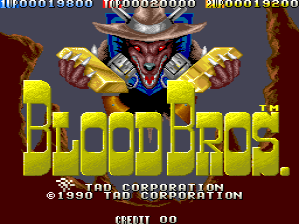The title screen displays a large yellow pixelated "Blood Bros." logo centered in the frame. Above the logo looms a menacing demonic character with red skin, a wide grin, pointed horns, and large yellow clawed hands raised outward. The background is dark blue with score counters showing high numbers at the top of the screen. Copyright text for TAD Corporation appears at the bottom in white text, with the year 1990 noted.