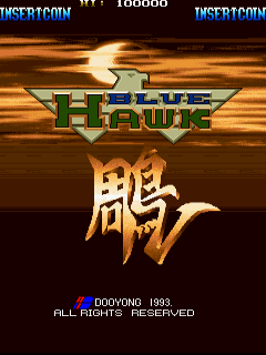 The title screen features a large green and blue winged logo reading "BLUE HAWK" centered on the screen, with a golden Japanese character below it against a fiery orange and black gradient background. The top left corner displays "TIGER ROOM" branding with a score counter showing "100000". At the bottom, white text reads "© DOOYONG 1993 ALL RIGHTS RESERVED". The overall visual uses 16-bit sprite graphics with warm colors dominating the composition.