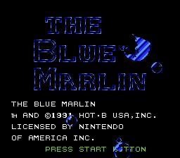 The title screen displays "THE BLUE MARLIN" in large blue pixelated text centered on a black background, with a stylized marlin graphic to the right. Below the title, white text reads "THE BLUE MARLIN," followed by "M AND © 1991 HOT-B USA, INC.," "LICENSED BY NINTENDO OF AMERICA INC.," and "PRESS START / BUTTON" at the bottom. The entire composition uses the NES's characteristic blue and white color palette against pure black, typical of early 1990s 8-bit title screens.