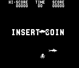 The arcade title screen displays "INSERT COIN" in large white pixelated text centered on a black background. Above it, a score panel shows "HI-SCORE 00000", "TIME 00", and "SCORE 00000" in white text. Below the coin prompt, a small pixelated diver figure appears on the left with a shark sprite positioned to its right, both rendered in white against the black screen.