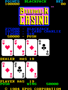 The title screen displays "Boardwalk Casino" in large yellow and purple pixelated letters at the center. Score information appears at the top in cyan text: "Points 100000", "Blackjack", and "Bet 00". Below the title, game rules are listed in blue text, including "5 Blackjack", "40000 - Blackjack", "25000 - Stand Charlie", and "50000 - Push". The main play area shows five playing cards arranged horizontally: a red heart queen, a red heart ace, a red diamond five, a black spade six, and a black club six. Below the cards, text reads "Dealer Has 19" with the dealer's hand showing two cards: a red diamond three and a red diamond six. A blue and red diamond indicator appears below the dealer's cards. The bottom of the screen shows "Player Has 19" in white text with "Push" status and a green score display reading "50000". The background is black with a standard arcade color palette.