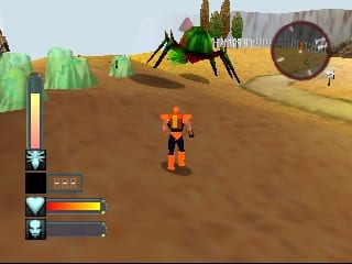An orange humanoid character stands in the center of a brown sandy landscape. A large green insect creature appears in the upper left, while a metallic disc-shaped object floats in the upper right. The left side displays a vertical HUD with white text, health bars in yellow and blue, and ammunition counts. The environment features low-polygon 3D terrain with scattered rocks and structures visible in the distance under a light blue sky.