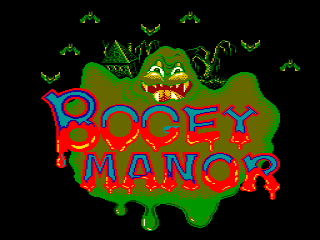 A large green blob-shaped creature with a menacing yellow face and sharp teeth dominates the center of the screen. The red text "BOGEY MANOR" overlays the creature's body in a bold, chunky font. Small green bat-like sprites are scattered across the black background at various positions. The art style uses limited colors with bright primary hues against a stark black backdrop, typical of mid-1980s arcade graphics.