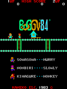 The title screen displays "BOGGY '84" in large cyan and yellow pixelated letters at center. Below the title, a black platform stage shows green-outlined ladders and platforms with cyan dots forming a grid pattern. Three character portraits with names appear in the lower section: a blue sprite labeled "SOWASOWA・・・HURRY", a purple sprite labeled "NONBIRI・・・SLOWLY", and a red sprite labeled "KIMACURE・・・HONKEY". The top bar shows "1UP 0", "HIGH SCORE 0", and "2UP 0" in red text. A copyright notice "KANEKO FLC. 1983" appears at the bottom in red letters.