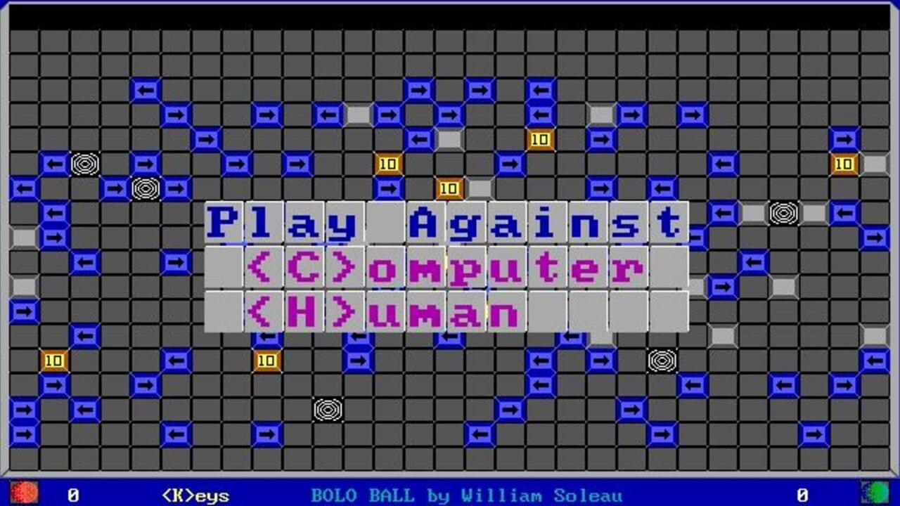A maze-like grid level displays blue brick walls arranged in a pattern across a gray background. Three white circular target markers with crosshair designs are positioned at different locations on the map. Four yellow boxes labeled '10' indicate collectible points scattered throughout the level. A centered white popup banner displays the text 'Play Against' in blue letters, with two magenta lines below reading 'Computer' and 'Human' in stylized pixelated font. The bottom status bar shows 'BOLO BALL by William Soleau' and keyboard controls marked as '<K>eys', with score counters at both corners set to zero.