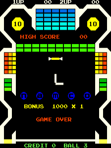The title screen displays 'BOMB BEE' in large blue pixelated letters centered in the lower half. Above it sits a black play area flanked by yellow and red brick patterns on left and right sides. Two cyan brick rows span the top third, with a green brick row below them. Yellow hexagonal score displays labeled '10' appear in the upper corners. Below the title, 'BONUS 1000 X 1' is shown in yellow text, followed by 'GAME OVER' in red. A green status bar at the bottom reads 'CREDIT 0 BALL 3' in yellow and green text. The overall aesthetic uses a limited color palette of cyan, green, yellow, red, and black on a black background typical of early 1980s arcade design.