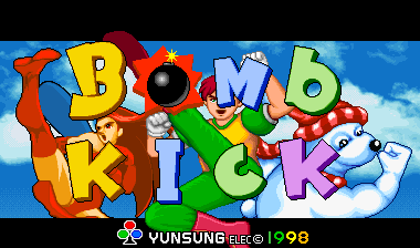 The title screen displays colorful 3D block letters spelling 'BOMB KICK' against a bright blue sky background with white clouds. A bomb character with a lit fuse appears among the letters, along with various cartoon game elements including a green bomb, red spheres, and other sprites scattered throughout the composition. At the bottom, white text reads 'YUN SUNG ELEC' and '1998', identifying the developer and release year. The art style uses bold, primary colors with rounded, chunky letter forms typical of late-1990s arcade aesthetics.