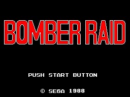 The title screen displays 'BOMBER RAID' in large red capital letters with a blue outline at the top of a black background. Below the title, white text reads 'PUSH START BUTTON' centered on screen. At the bottom, a copyright notice states '© SEGA 1988'. The overall design uses simple typography against a solid black background typical of early 1980s arcade-style SMS games.