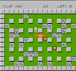 A maze-based level displays a green playfield with white stone blocks arranged in a grid pattern. The protagonist Bomberman, rendered as a small red and white sprite, occupies the center-right area. Scattered throughout the maze are various destructible crates in light gray, several power-up items indicated by colored symbols, and at least two enemy sprites visible among the blocks. The UI strip at the top shows "TIME 190" on the left, "99" in the center, and "LEFT 2" on the right, displaying level progression and remaining lives in the NES game's characteristic 8-bit visual style with a gray border framing the play area.
