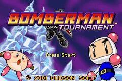 The title screen displays 'BOMBERMAN TOURNAMENT' in large yellow and orange pixelated text against a purple gradient background with blue lightning effects. Below the logo, Bomberman's white spherical character sprite appears on the left side, while a red bomb sprite sits on the right. A 'Press Start' prompt is centered below in white text, with copyright text reading '© 2000 HUDSON SOFT' at the bottom in small white lettering. The overall color scheme uses vibrant purples, blues, and warm yellows typical of Game Boy Advance graphics.