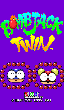 The title screen displays 'BOMBJACK TWIN' in large bright green and yellow pixelated lettering against a solid purple background. Below the title, two cartoon faces with wide eyes and open mouths are shown side by side, each surrounded by a circular border of brown spheres. At the bottom, white text reads 'NAK' with the copyright notice '© NAK CO., LTD. 1993' and a 'TM' symbol appears near the top right of the title.