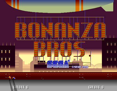 The title screen features large orange pixelated text spelling "BONANZA BROS" centered on a dark purple background, with the blue SEGA logo below it. A stylized cityscape silhouette with buildings and a sunset gradient sky occupies the upper portion. The bottom shows a brown/red platform with two small character sprites standing on it. Text reading "CREDIT 0" appears in the lower corners, and a vertical yellow stripe pattern decorates both left and right edges of the screen.