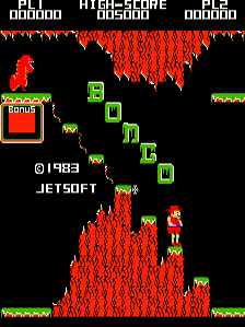 The title screen displays "BONGO" at the top in white pixelated text with a high-score display reading 148000. A green player character sprite stands on a green platform in the center of a black background, surrounded by red and orange pixelated flame or lava obstacles both above and below. Green square platforms are scattered vertically between the two hazard zones. A red bonus panel appears in the upper left corner. Copyright text "©1983 JETSOFT" is centered at the bottom in white text. The art style uses low-resolution 8-bit sprites with a limited color palette of red, green, orange, and black.