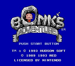 The title screen displays the Bonk's Adventure logo prominently in the center, featuring a stone-textured design with a red circular emblem containing a character's face. Below the logo sits a banner with the word "ADVENTURE" in large block letters. The background is solid blue, and white text at the bottom reads "PUSH START BUTTON" followed by copyright information for Hudson Soft, Red Company, and Nintendo, with a 1993-1994 date range. The overall design uses 8-bit pixel art styling typical of NES-era games.