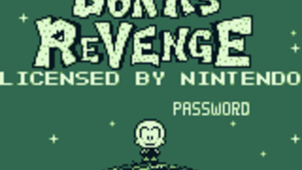 A title screen on a green background displays 'BONK'S REVENGE' in large yellow pixelated letters at the top, with 'LICENSED BY NINTENDO' text below. The word 'PASSWORD' appears in the middle-right portion of the screen. A small pixelated character sprite with a round head stands in the lower center area against the solid green background, with small white plus signs scattered around as decorative elements.