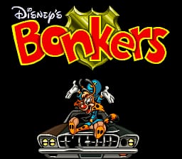 The title screen displays "Disney's Bonkers" in large red and yellow lettering with a gold-spiked background effect at the top. Below the title, a cartoon police car with an anthropomorphic character sits centered on a gray platform labeled "SEGA_LAND". The character wears a police uniform and hat. The background is solid black, with the Nintendo and Capcom copyright text visible in small font at the bottom of the screen.
