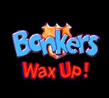 The title screen displays "Bonkers" in large blue pixelated letters at the top, with "Wax Up!" in red text directly below. A cartoon character wearing a hat and striped outfit appears to the left of the text, rendered in bright orange and blue colors typical of 8-bit Game Gear graphics. The background is solid black, keeping focus on the colorful title treatment and character sprite in the center of the screen.