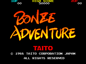 The title screen displays 'BONZE ADVENTURE' in large orange and yellow brushstroke-style lettering against a black background. At the top, a cyan 'LIFE' counter with two circles appears on the left, 'HIGH SCORE' and '50000' in yellow text center, and a red 'STAGE' indicator on the right. Below the title, 'TAITO' appears in red text, followed by copyright information and 'ALL RIGHTS RESERVED' in white at the bottom. The overall aesthetic uses bright neon colors typical of 1980s arcade games.
