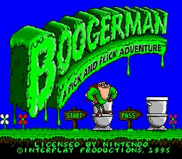 The title screen features large green dripping letters spelling "BOOGERMAN" at the top center against a blue background. Below the title, smaller text reads "A PICK AND FLICK ADVENTURE" in yellow. A pixelated character sprite wearing brown clothing stands in the center-lower portion of the screen, flanked by UI buttons labeled "START" and "PASS" on either side. Three toilet sprites appear at ground level. At the bottom, white text states "LICENSED BY NINTENDO" and "INTERPLAY PRODUCTIONS 1995." The art style uses 16-bit SNES-era graphics with limited color palette and chunky pixel sprites.