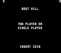 A black screen displays white text centered on the display. At the top, "BOOT HILL" appears in large capital letters. Below that, "TWO PLAYER OR" and "SINGLE PLAYER" are stacked vertically. Further down, "INSERT COIN" is shown in white text. Score displays reading "0" appear in the upper left and upper right corners. The entire interface uses a simple, monospaced pixel font typical of late-1970s arcade hardware.
