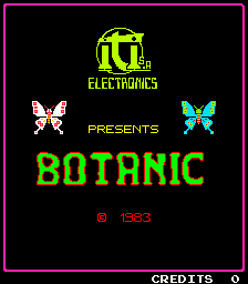 The title screen displays a black background with a magenta border. At the top sits a yellow arcade cabinet icon labeled "ELECTRONICS" in green text. Below that, the word "PRESENTS" appears in green between two symmetrical butterfly sprites—one white on the left, one cyan on the right. The title "BOTANIC" is rendered in large bright green pixelated letters at center. A red copyright symbol and "1983" appear below the title. At the bottom right corner, white text reads "CREDITS O".