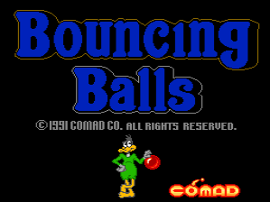 The title screen features large blue text reading "Bouncing Balls" at the top. Below the title, a green character sprite stands next to a red ball sprite against a black background. The Comad company logo appears in red text at the bottom right, with a white copyright notice for Comad Co. from 1991 centered at the bottom of the screen. The overall presentation uses a limited pixel-art sprite style typical of early 1990s arcade games.