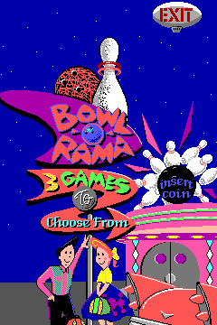 The title screen features a bright blue starfield background with a large pink bowling pin character in the center wearing a white bowling ball as a hat. Below the pin, magenta text reads 'BOWL-O-RAMA' with a yellow 'GAMES' label underneath. A green 'Under 1 From' banner appears lower, and the bottom quarter shows a stylized bowling alley interior with pink and red geometric shapes representing the lanes and walls. Two cartoon characters stand at ground level flanking the alley entrance. An 'EXIT' sign in yellow and orange is visible in the upper right corner. The overall color palette emphasizes bright magentas, blues, yellows, and reds typical of early 1990s arcade aesthetics.