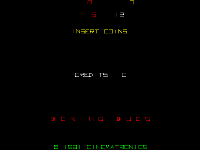 A black arcade screen displays yellow text reading 'INSERT COINS' in the upper-center area, with player scores shown above: '5' in red on the left and '12' in white on the right. Below the coin prompt, white text shows 'CREDITS' with a box outline to the right. The title 'BOXING BUGS' appears in red pixelated letters in the lower-center section. At the bottom, green text reads '© 1981 CINEMATRONICS'. The entire interface uses vector-style geometric text typical of early 1980s arcade cabinets against a black background.