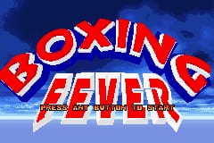 The title screen displays "BOXING FEVER" in large red and white block letters centered against a blue sky background with white clouds. Below the title, smaller white text reads "PRESS ANY BUTTON TO START". The overall composition uses a simple color palette of red, white, and blue, typical of GBA-era graphics with solid blocks of color and minimal detail.
