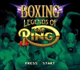 The title screen displays "BOXING LEGENDS OF THE RING" in large gold text centered above a gold boxing ring graphic. Behind the text, eight boxer portraits in green-tinted monochrome are arranged in two rows, showing various boxers with different hairstyles and facial features. At the bottom, "PRESS START" appears in white text on a black background. The overall aesthetic uses a dark background with purple and green lighting effects framing the title elements.