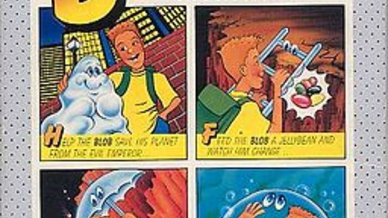 Four comic-style panel cards displayed on a light speckled background. Top left shows a red-haired character in yellow and green clothing holding a white blob creature. Top right depicts the character wielding what appears to be a gun or weapon with a colorful explosion effect. Bottom left shows action with the character and weapon near red fabric or cloth. Bottom right displays a blue underwater scene with a fish-like creature. Yellow caption bars appear below the top panels with black text. The artwork uses bold outlines, bright primary colors, and a hand-drawn comic book visual style typical of NES-era game packaging.