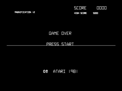 A black screen displays white pixelated text reading 'GAME OVER' in the center, with 'PRESS START' below it on a horizontal line. The top-left corner shows 'MAGNIFICATION 1.0', while the top-right displays score information including 'SCORE 0000' and 'HIGH SCORE 0000'. At the bottom, copyright text reads '© ATARI 1981' in the same white pixel font. The entire interface uses a simple vector-style typeface against a solid black background typical of early 1980s arcade games.