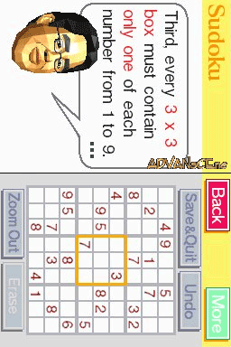A Sudoku puzzle grid occupies the center-left of the DS screen, displaying a partially completed nine-by-nine number puzzle with yellow highlighting marking the current selection. To the upper left, a portrait of an older man with glasses appears beside instructional text reading "Third eye? 3×3 box must contain only one of each number 1 to 9." The right side features yellow and green menu buttons labeled "Back" and another option. The grid uses a standard Sudoku layout with thick borders dividing three-by-three sections and thin lines separating individual cells.