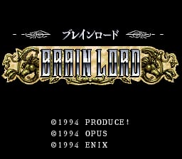 The SNES title screen displays "BRAIN LORD" in large gold ornamental lettering centered on a black background, flanked by decorative golden lion head designs on both sides. Japanese hiragana text appears above the title. Copyright information for 1994 is shown at the bottom in white text, listing PRODUCE, OPUS, and ENIX as the developers and publishers. The overall presentation uses a medieval fantasy aesthetic with gold and black coloring.