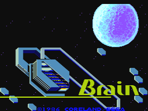 The title screen displays a large cyan and purple gradient sphere in the upper right against a black starfield. A blue outlined arcade cabinet or game console is shown on the left side with diagonal striping details. The word 'Brain' appears in bright yellow text at the bottom center. Small cyan geometric shapes float in the black space, and copyright text for Coreland and Sega is visible at the bottom. The overall visual style uses bold outlines and limited color palette typical of mid-1980s arcade graphics.