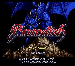 The title screen displays 'Brandish' in large red and orange letters with a metallic sheen effect against a dark blue background. A silhouetted fantasy character wielding a sword appears above the title text. Below the logo, menu options read 'NEW GAME' and 'CONTINUE' in white text. The copyright notice '©1994 KOEI CO.,LTD.' and 'LICENSED BY HUDSON SOFT' appear at the bottom of the screen. The overall color palette uses deep blues, reds, and oranges with a 16-bit sprite-based visual style typical of Super Famicom games.