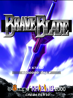 The Brave Blade arcade title screen displays a large purple sword with blue electrical effects against a dark blue sky background. The game title appears in metallic silver lettering at the top. Below the sword, text reads "EXTEND 4000000 ONLY" in yellow and white. The bottom left corner shows the copyright notice "© Eighting/Raizing 2000" with a small orange Eighting logo, and "CREDITS 10" appears in the lower right corner.