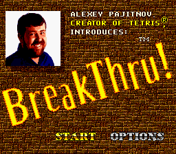 The BreakThru title screen displays the game's logo in large yellow pixelated letters across the center of a brown brick-textured background. A photograph of a bearded man with dark hair appears in the upper left, identified as Alexey Pajitnov, creator of Tetris, with yellow text crediting him. Below the main logo are two menu options in white text: START and OPTIONS. The overall composition uses a low-resolution NES aesthetic with limited color palette of browns, yellows, and skin tones.