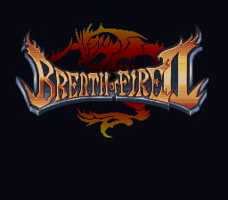 The Breath of Fire II title logo dominates the center of a black background, rendered in gold and orange lettering with decorative serif flourishes. Behind the text, a red dragon with outstretched wings curves across the upper portion of the screen, painted in warm orange and red tones. The logo uses a stylized fantasy font typical of SNES-era RPG title screens, with ornamental winglike elements extending from both sides of the text.