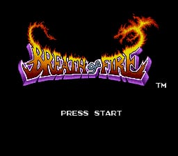 The title screen displays the Breath of Fire logo in large orange and yellow flaming letters with purple outline against a black background. Two stylized dragon or flame creatures bookend the logo on either side, rendered in orange and yellow fire effects. Below the logo, white text reads "PRESS START" in a standard arcade font. The entire composition uses the SNES's 16-bit color palette with high contrast between the bright fire effects and dark background.