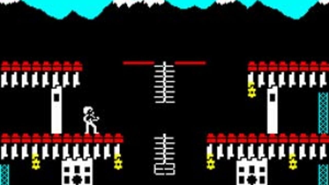 A pixel art platformer scene with a white-garbed character standing on a lower platform in the center-left area. The screen shows a symmetrical two-level fortress layout with white towers on each side topped by red crenellations. Red brick walls line both levels, with yellow torch-like sprites positioned at ground level. A white crosshair or targeting reticle appears in the center-top area. Black sky fills the upper portion, cyan silhouetted hills form the skyline. Cyan checkered barriers are visible on the far right side. The overall color palette uses white, red, yellow, cyan, and black pixel sprites on a black background.