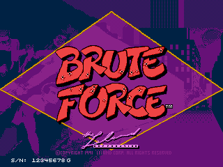 The title screen displays 'BRUTE FORCE' in large red and orange letters with a gold outline, centered within a diamond-shaped yellow border. The background is a purple gradient with darker purple silhouettes of buildings and figures. A cyan horizontal line appears below the title. Small text reading 'Leland' and what appears to be copyright information is visible at the bottom, along with serial number 1223E678.