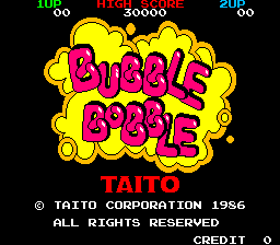The title screen displays "BUBBLE BOBBLE" in large magenta letters surrounded by yellow bubble graphics against a black background. At the top, a three-part score display shows "HIGH 30000", "2P 00", and "1P 00" in cyan and white text. Below the title, red text reads "TAITO" with copyright information "© TAITO CORPORATION 1986" and "ALL RIGHTS RESERVED" in white. A "CREDIT 0" counter appears in the bottom right corner. The pixel art uses a bright color palette typical of 1980s arcade games.